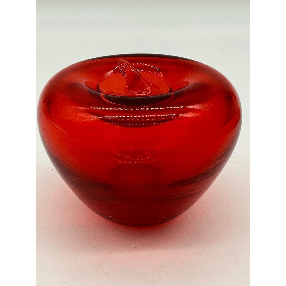 Glass Art Apple Paperweight Hand Blown 3” Clear Red Glass Polished Bottom
